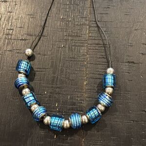 Blue Black Glass Bead & Leather Cord Necklace​
